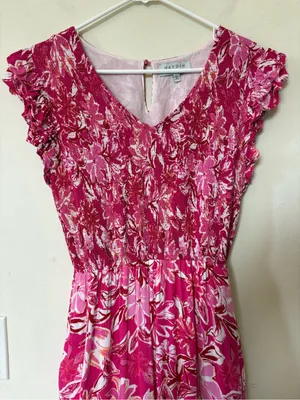 HAYDEN LA Tropical Floral Smocked Ruffled Midi Tank Dress Pink Sz Large thumbnail 4
