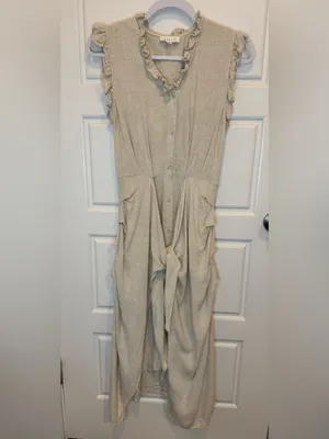 MABLE Beige Linen Draped Corpcore Button-Down Midi Dress S Wrap Anthro thumbnail 9