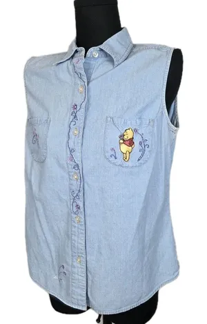 Vtg 90s Disney Store Winnie the Pooh Embroidered Chambray Shirt Button Up Sz M thumbnail 1