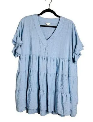 Cato Flowy Tiered Flutter Sleeve Top Light Blue V-Neck Longline Linen Blend XL thumbnail 1