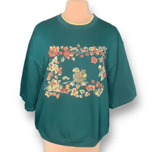 Vintage Basic Editions‎ Sweatshirt Green Fall Leaves Squirrel Drop Shoulder OOAK Size M thumbnail 10