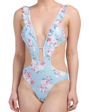 NEW One Piece Swimsuit Cikada Blue Bouquet Rose size 6 thumbnail 1