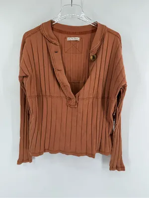 Free People We The Free In the Mix Henley Ribbed Long Sleeve Shirt‎ Orange XS thumbnail 2