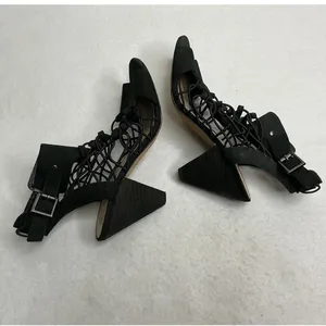 Vince Camuto Black Suede Cage Lace Up Block Heel Sandals Women thumbnail 4