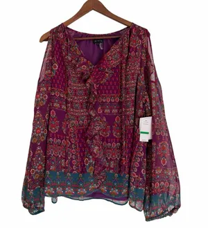 1.State Floral Paisley Boho Cold Shoulder Ruffle Blouse Top Size L NEW thumbnail 1