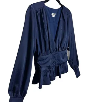 Jason Wu NWT Navy Satin Long Sleeve Corset Waist Blouse size Medium thumbnail 11