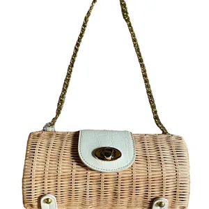 Vintage Woven Wicker Handbag Made In British Hong Kong w/ Leather Trim & Handles thumbnail 1