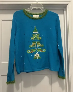 Mandal Bay Women’s Blue Sweater Size Small Christmas Elf Tree Whimsy Teacher thumbnail 1