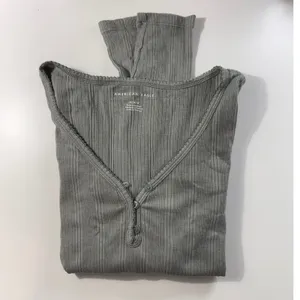 American Eagle Sage Green Ribbed V-Neck Henley Long Sleeve‎ Top Cutie Medium thumbnail 2