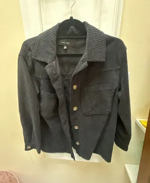 Love Tree Women's Black Corduroy Button-Down Shacket with Frayed Hem thumbnail 1
