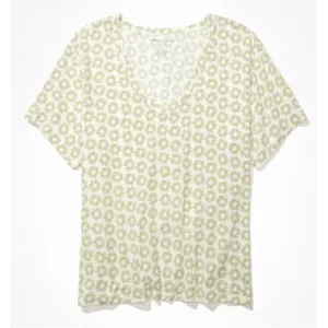 American Eagle Cream Floral Short Sleeve V-Neck Oversized Soft & Sexy Tee thumbnail 2
