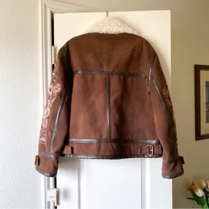 Free People Andies Vegan Moto Jacket Embroidered Floral Brown Bear Small NWT‎ thumbnail 10