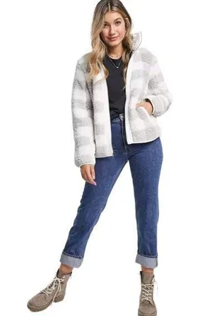 Abercrombie Sherpa Check Fleece Plaid Full Zip Jacket Coat Gray and White Size Medium thumbnail 1