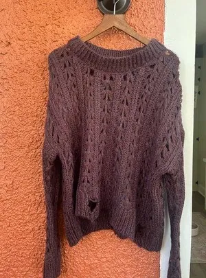Altard State Womens Small Sweater Plum Distressed Open Knit Long Sleeve Pullover thumbnail 1