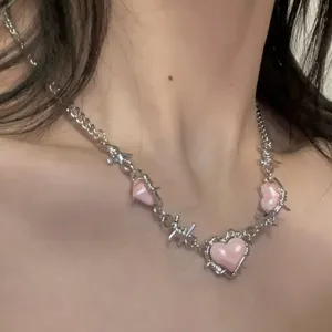 Creative Pink Heart Barbed Wire Silver Plated Choker‎ Length Necklace Soft Goth thumbnail 6
