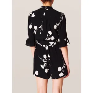 BA&SH Penny Floral Belted Romper Black and White Size 6 thumbnail 2