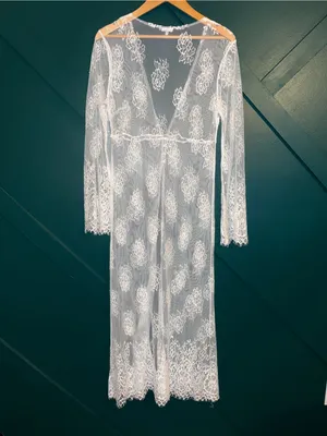 En Crème Sheer White Long Kimono Lace Maxi Swin suit Cover-Up Bridal Robe thumbnail 2
