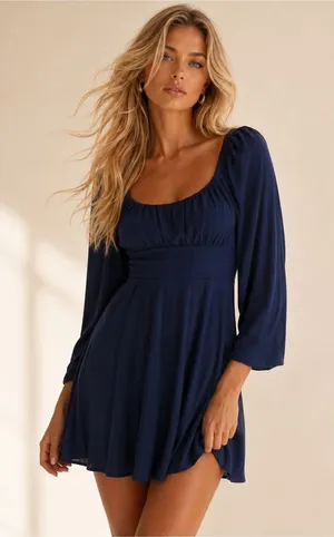 Old Navy Smocked Mini Dress Navy Empire Waist Cottagecore Romantic Quiet Luxury‎ thumbnail 1