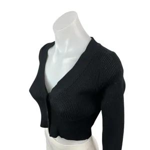 Windsor Black Ribbed Knit Long Sleeve V Neck Button Up Cardigan Crop Top Size S thumbnail 2