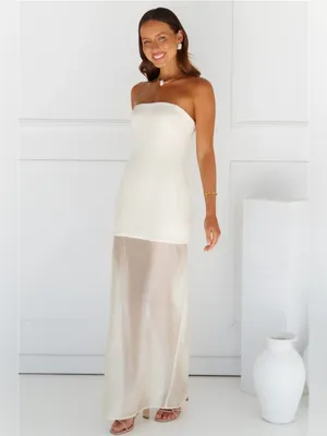 Elegant Strapless Cream Maxi Dress with Sheer Lower Skirt thumbnail 2