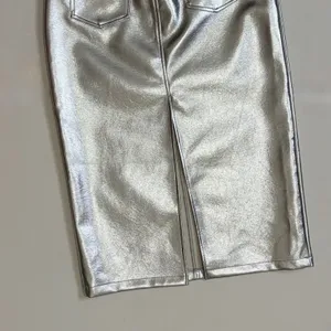 NWT!! AVEC LES FILLES Shimmering Silver Pencil Skirt Metallic Pockets Medium thumbnail 8
