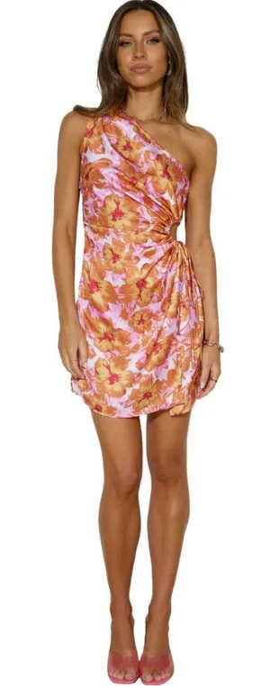 Hello Molly Loving That Girl Mini Dress Women's Small Orange Floral One Shoulder thumbnail 1