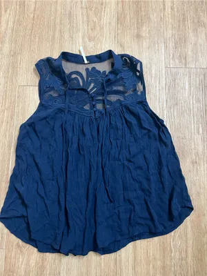 Free People Navy Floral Embroidered Sheer Yoke Tank thumbnail 3