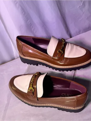 Franco Sarto Brown and Cream Leather Two-Tone Loafer with Gold Chain thumbnail 3