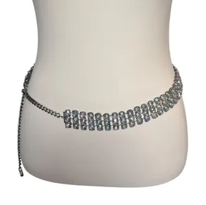 Vintage Silver Tone Clear Rhinestone Three Row Chain Belt Adjustable Formal Glam thumbnail 1
