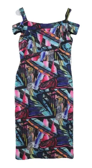 NICOLE MILLER New York NWT‎ $128 Abstract Art Print Cold Shoulder Dress Size 10 thumbnail 1