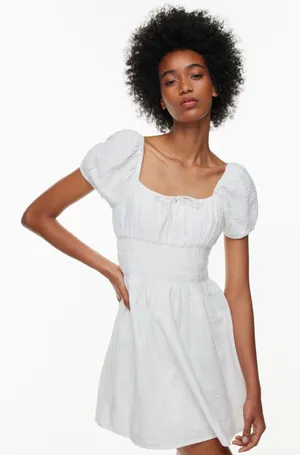 Aritzia Sunday Best Kay dress puff short sleeve babydoll mini tie front smocked thumbnail 1