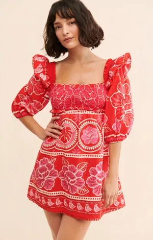 Farm Rio Summer Sunrise Mini Dress Small Red Smocked Puff Sleeve Tropical Summer thumbnail 1