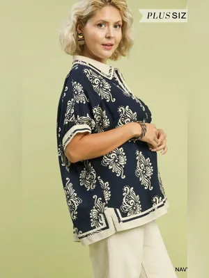 New! Umgee Navy Abstract  Print Button-Front Plus Size Top Size 1X thumbnail 3