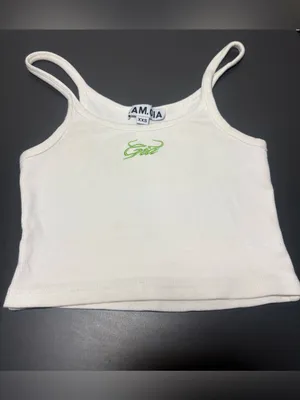 I.AM.GIA White Ribbed Crop Tank with Neon Green Script thumbnail 2