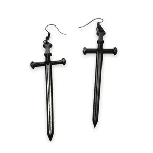 Black Goth Sword Pendant Long Hook Earrings thumbnail 3
