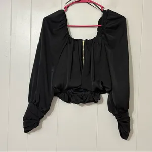 Do+Be Black Satin Bubble Hem Crop Top Long Sleeve Ruched Blouse Size S thumbnail 7