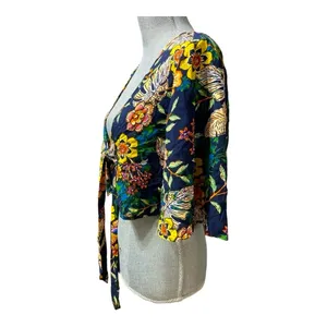 New Look Floral Tie-Front Crop Top Boho Kimono Sleeve Navy Multicolor Size M thumbnail 2
