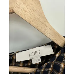 Loft Blue‎ Gold Shimmer Plaid Pleated Blouse Boho Peasant Rayon Women Large thumbnail 6