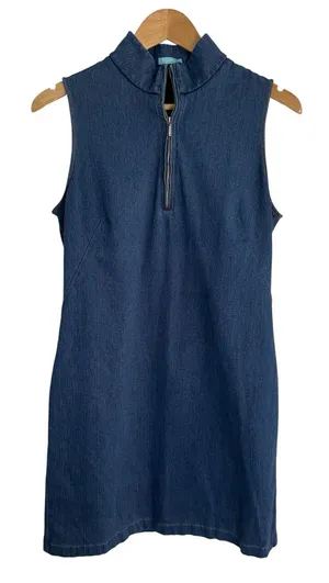J. McLaughlin Sleeveless Dark Blue Denim Zip-Front Dress Size Large trad wife thumbnail 1