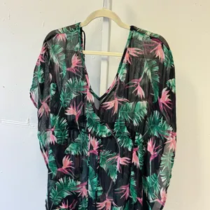 Miken Swim Tropical Bird of Paradise Floral Sheer Beach Cover Up Black Medium thumbnail 4