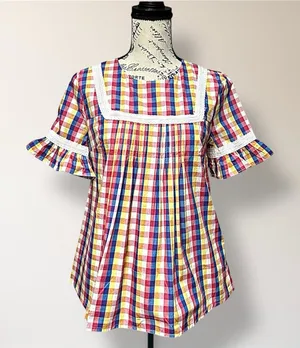 English‎ Factory Anthropologie Gingham Check Ruffle Sleeve Top Cottagecore Boho thumbnail 1