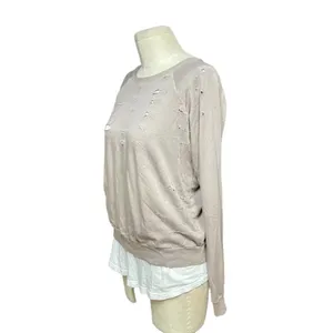 Monrow Distressed Double Layer Sweatshirt Fawn White Size‎ Medium Tan thumbnail 5