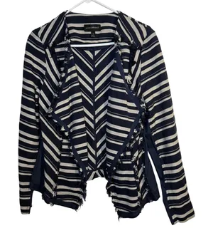 Lane Bryant Women's Navy Cream Striped‎ Open Front Fringed Jacket Size 14 thumbnail 1
