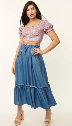 Unique Vintage NWT 1970s Chambray Ruffle Tiered Midi Skirt X-SMALL thumbnail 2