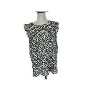 LOFT Women's Black, White, Yellow Lemon Print Flutter Cap sleeve top--Sz Med thumbnail 2