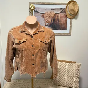 POL Frayed Hem Vintage Inspired Teddy Bear Brown Cropped Corduroy Jacket S thumbnail 5