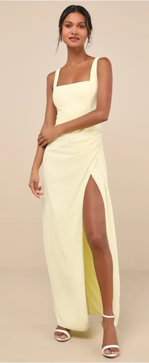 Lulus Glamorous Disposition Light Yellow Ruched Maxi Dress thumbnail 1