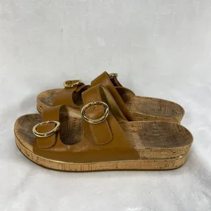 Michael Kors‎ Tan Leather Double Buckle Cork Platform Sandals Slides Sz 7-flaw thumbnail 7