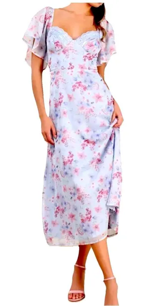Lulus Valla Light Blue Floral Flutter Sleeve Bustier Midi Dress NWT Size XS thumbnail 1