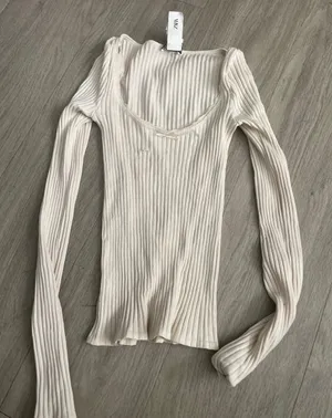 Zara Cream Ribbed Scoop Neck Long Sleeve Top thumbnail 1